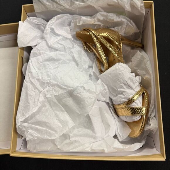 New Michael Kors Amal Pale Metallic Gold Leather Strappy Heels Sandals 6 - Picture 1 of 6
